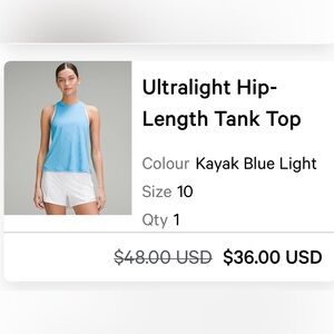 Lululemon size 10 ultralight hip-length tank
